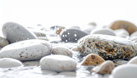 Smooth Stones by Water, River bed pebbles in dynamic motion.の素材