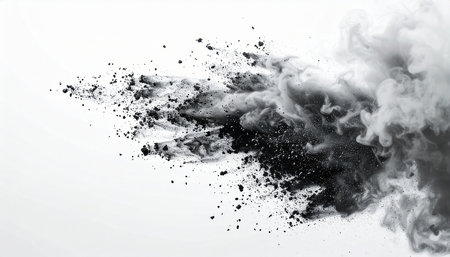 Dynamic Black Smoke Burst, Volcanic ash particles suspended against sterile.の素材