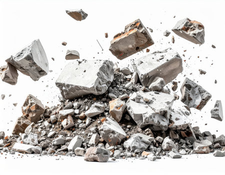 Crumbling Concrete Debris, Construction site rubble mid-scatter on seamless white backdrop, hyperrealistic.の素材