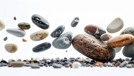 Colorful Pebbles in Motion, River bed pebbles in dynamic motion.の素材