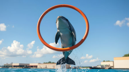A playful dolphin leaps through a bright orange ring, creating splashes in clear blue water. The scene captures the joy and energy of marine performances under a vibrant sky.の素材