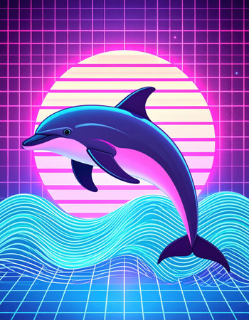 This vibrant illustration features a dolphin leaping joyfully against a retro geometric background, evoking a sense of playful energy and summer vibes. Perfect for ocean lovers!の素材