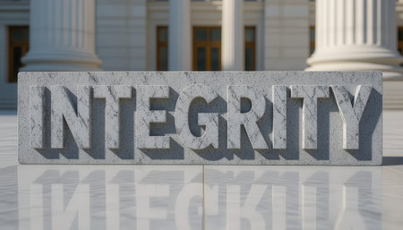 A striking stone monument displaying the word "Integrity" emphasizes the importance of this value in modern architecture and society.の素材
