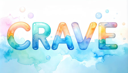 This vibrant watercolor artwork features the word "Crave" in bright shades, showcasing a playful and artistic design. Ideal for creative projects or inspirational themes.の素材