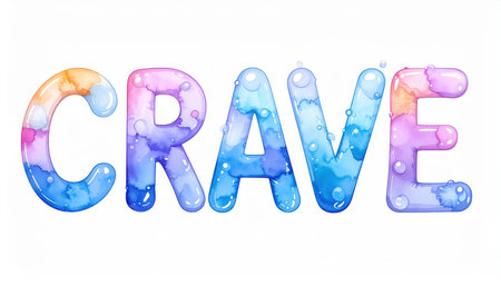 Bright and cheerful watercolor illustration of the word "Crave," showcasing vibrant colors and playful textures. Ideal for creative projects and modern designs.の素材