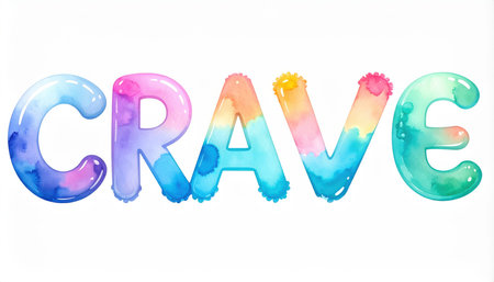 Vibrant watercolor artwork featuring the word "CRAVE" in an eye-catching typographic design. Perfect for creative projects, wall decor, or inspiring visuals.の素材