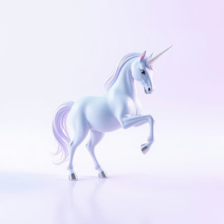 This charming unicorn features a flowing mane and gleaming horn, set against a soft pastel background. Ideal for fantasy themes and creative projects.の素材