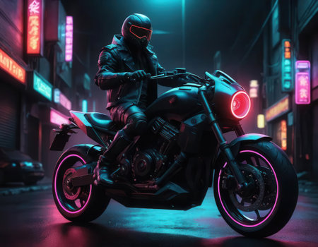 A stylish biker poses with a futuristic motorcycle in a vibrant neon city at night, creating a captivating urban atmosphere filled with energy and adventure.の素材