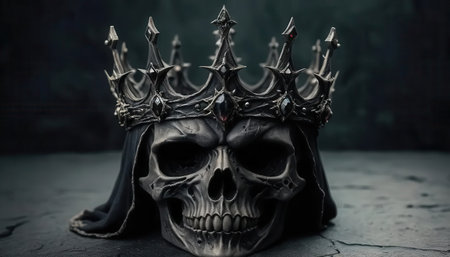 A detailed representation of a skull crowned with an ornate metal crown, set against a dark backdrop, evoking themes of royalty and the macabre. Perfect for artistic and gothic themes.の素材