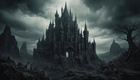 This haunting image features a dark gothic castle surrounded by misty mountains and stormy skies, capturing a blend of mystery and awe in a fantastical setting.の素材