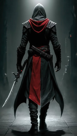 A lone assassin stands in a dramatic, shadowy setting, exuding mystery and tension. The character's hooded cloak and drawn sword suggest an epic adventure unfolding in a dark, cinematic world.の素材