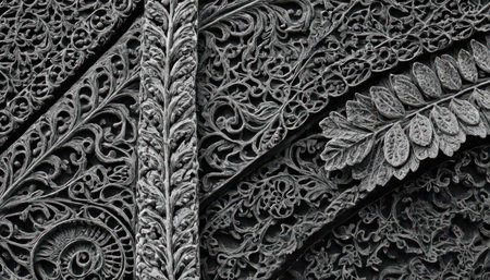 A close-up of an intricate decorative carving showcasing detailed floral patterns and swirls in a monochrome palette. Ideal for art or design themes.の素材