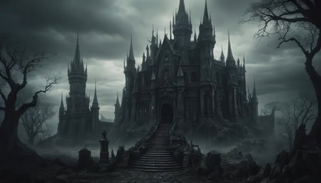 A dark gothic castle stands majestically against a stormy sky, surrounded by eerie foliage and mist. The scene evokes a sense of mystery and ancient legend.の素材
