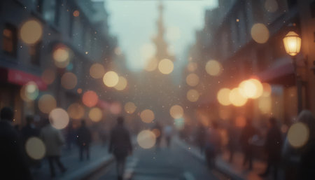 A dreamy, blurred street scene showcasing soft lights and urban life. The bokeh effect creates a warm and inviting atmosphere perfect for seasonal themes.の素材