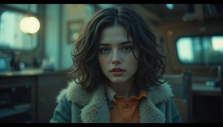 A captivating portrait of a young woman with wavy hair sitting in a cafの素材