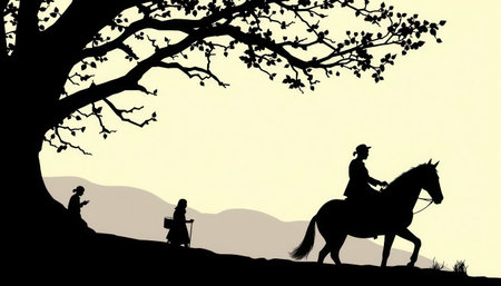 A serene silhouette scene featuring a person on horseback and two figures under a large tree during sunset. Perfect for conveying tranquility and connection with nature.の素材
