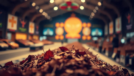 A serene indoor gallery space decorated with a pile of autumn leaves, showcasing a blend of warm colors and inviting atmosphere. An ideal setting for creative inspiration.の素材