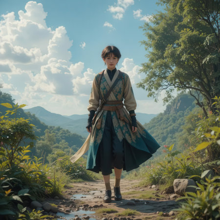 A young adventurer dressed in a traditional outfit explores a lush green landscape, embodying a sense of wonder and cultural heritage against a beautiful natural backdrop.の素材