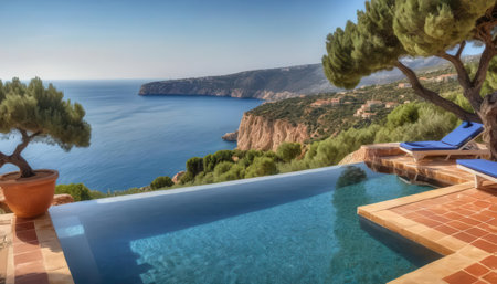 Breathtaking seaside view showcasing a luxurious infinity pool overlooking the ocean and rugged coastline, perfect for relaxation and escape.の素材