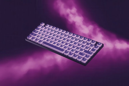 This image features a stylish mechanical keyboard against a dramatic purple background. Ideal for tech enthusiasts, gamers, and creative professionals.の素材