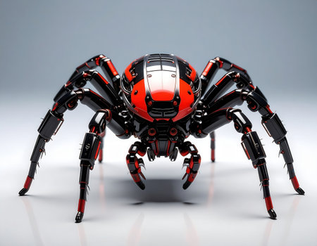 This image showcases a futuristic robotic spider, blending bold colors and metallic textures. The striking design emphasizes innovation in technology and aesthetics.の素材