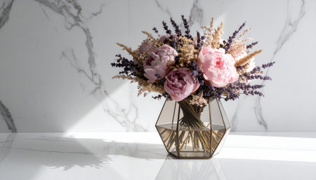 A stunning floral arrangement featuring peonies and lavender in a geometric vase, perfect for modern home decor. Captured in soft sunlight on marble.の素材