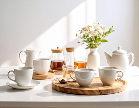 Enjoy a serene tea setting with white cups, a stylish teapot, and fresh flowers, perfect for creating a cozy atmosphere in your home.の素材