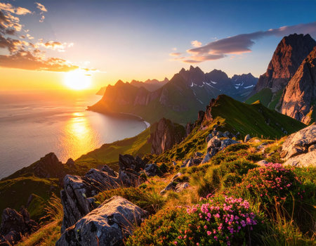 Experience the breathtaking beauty of a vibrant sunset over a coastal mountain landscape, showcasing dramatic peaks and serene waters, perfect for nature lovers.の素材