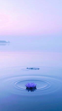 A tranquil scene featuring a delicate water lily emerging from a calm lake at dawn, surrounded by gentle ripples and a soft pastel sky.の素材