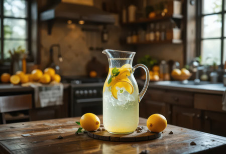 A beautifully arranged pitcher of refreshing lemonade with vibrant lemons and herbs, set in a cozy kitchen. Perfect for summer gatherings and healthy hydration.の素材