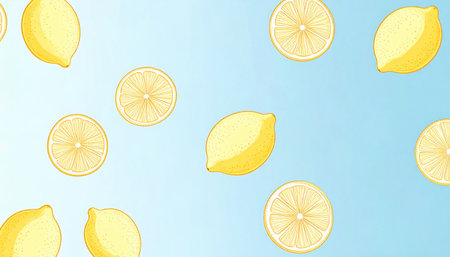 This vibrant illustration features a delightful pattern of lemons and lemon slices against a soft blue background, perfect for summer-themed projects.の素材