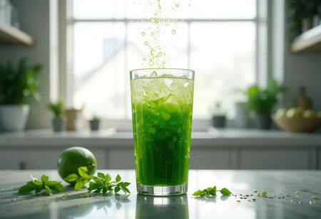 A refreshing green beverage featuring bubbles and fresh herbs, ideal for summer hydration. Perfect setting in a modern kitchen with vibrant colors.の素材