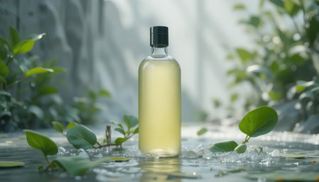 A clear beverage bottle sits elegantly amidst lush greenery, capturing tranquility and freshness, perfect for promoting a healthy lifestyle and wellness.の素材