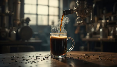 A steaming cup of hot coffee is poured into a glass mug, capturing the essence of comfort and warmth in a cozy cafe setting. Perfect for coffee lovers.の素材