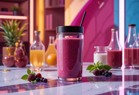 A vibrant berry smoothie stands prominently in a stylish kitchen, surrounded by colorful bottles and fresh ingredients, embodying a healthy lifestyle and modern aesthetics.の素材