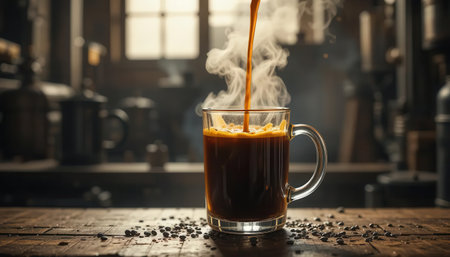 A steaming cup of freshly brewed coffee sits on a rustic wooden table, showcasing rich brown liquid and inviting aroma. Perfect for morning energy.の素材