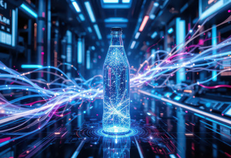 A captivating image of a sparkling bottle surrounded by glowing energy waves in a futuristic environment. Perfect for projects focused on technology and design.の素材