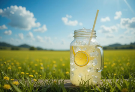 A refreshing glass jar of lemonade with lemon slices and ice sits in a sunlit field of flowers, capturing the essence of summer and outdoor enjoyment.の素材