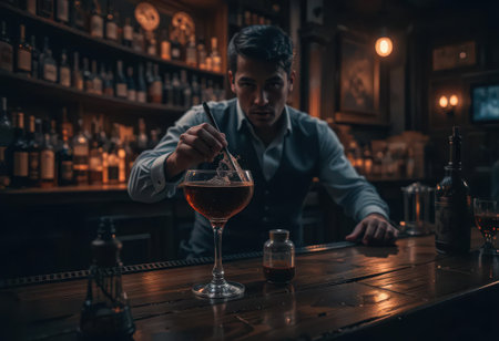 A skilled bartender crafts an elegant cocktail in a stylish dimly lit bar. The atmosphere exudes sophistication and charm, capturing the essence of nightlife.の素材