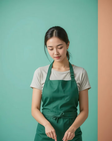 A young woman in a green apron prepares fresh ingredients in a stylish kitchen setting, captured against a vibrant backdrop showcasing cooking passion.の素材