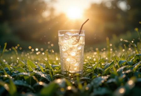 A refreshing sparkling beverage in a glass filled with ice sits on dewy grass, beautifully illuminated by warm sunset light, capturing a serene outdoor moment.の素材