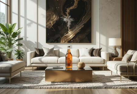 Bright and stylish living room featuring a cozy sofa, modern art, and an elegant coffee table. The space invites relaxation and aesthetic pleasure.の素材