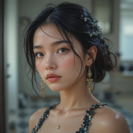 A captivating portrait of a young woman showcasing elegant beauty and soft makeup. The delicate accessories highlight her charm and sophistication, creating a serene atmosphere.の素材