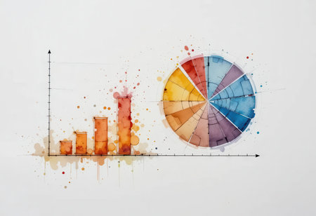 This vibrant watercolor illustration features a bar graph and color wheel, ideal for presentations and educational content on data visualization and analysis.の素材