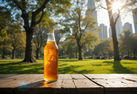 A bottle of iced tea sits on a wooden table in a sunny urban park, surrounded by greenery and tall buildings, creating a refreshing summer vibe.の素材