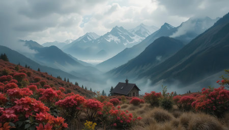 A tranquil mountain landscape featuring a quaint house amidst vibrant red flowers and misty peaks, perfect for evoking peace and natural beauty.の素材