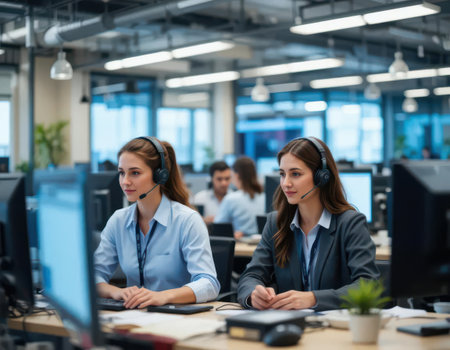 Two professional women in headsets work together in a modern office setting. Their focus on communication and teamwork enhances productivity in a corporate environment.の素材