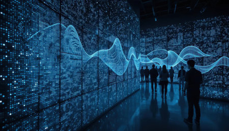 A captivating digital art installation featuring vibrant data visualization waves. People interact and explore the innovative environment, creating a unique experience.の素材