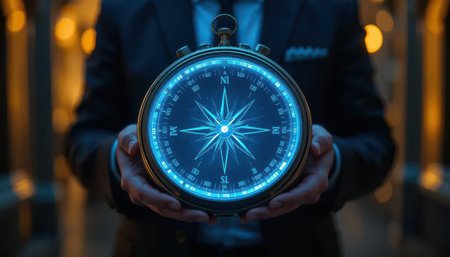 A person in a suit holds a glowing compass, symbolizing direction and guidance. The blue light adds a modern touch, highlighting professionalism and exploration.の素材