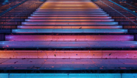 A modern staircase is illuminated with vibrant neon lights, creating a captivating urban atmosphere. The colorful display enhances the architectural beauty of the space, inviting visitors to explore.の素材